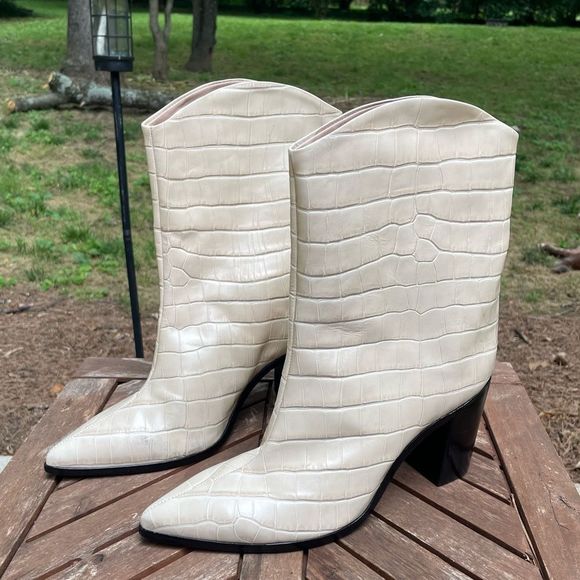 SCHUTZ Egg Shell Croc Embossed Black Block Heeled Short Boots - Picture 1 of 11